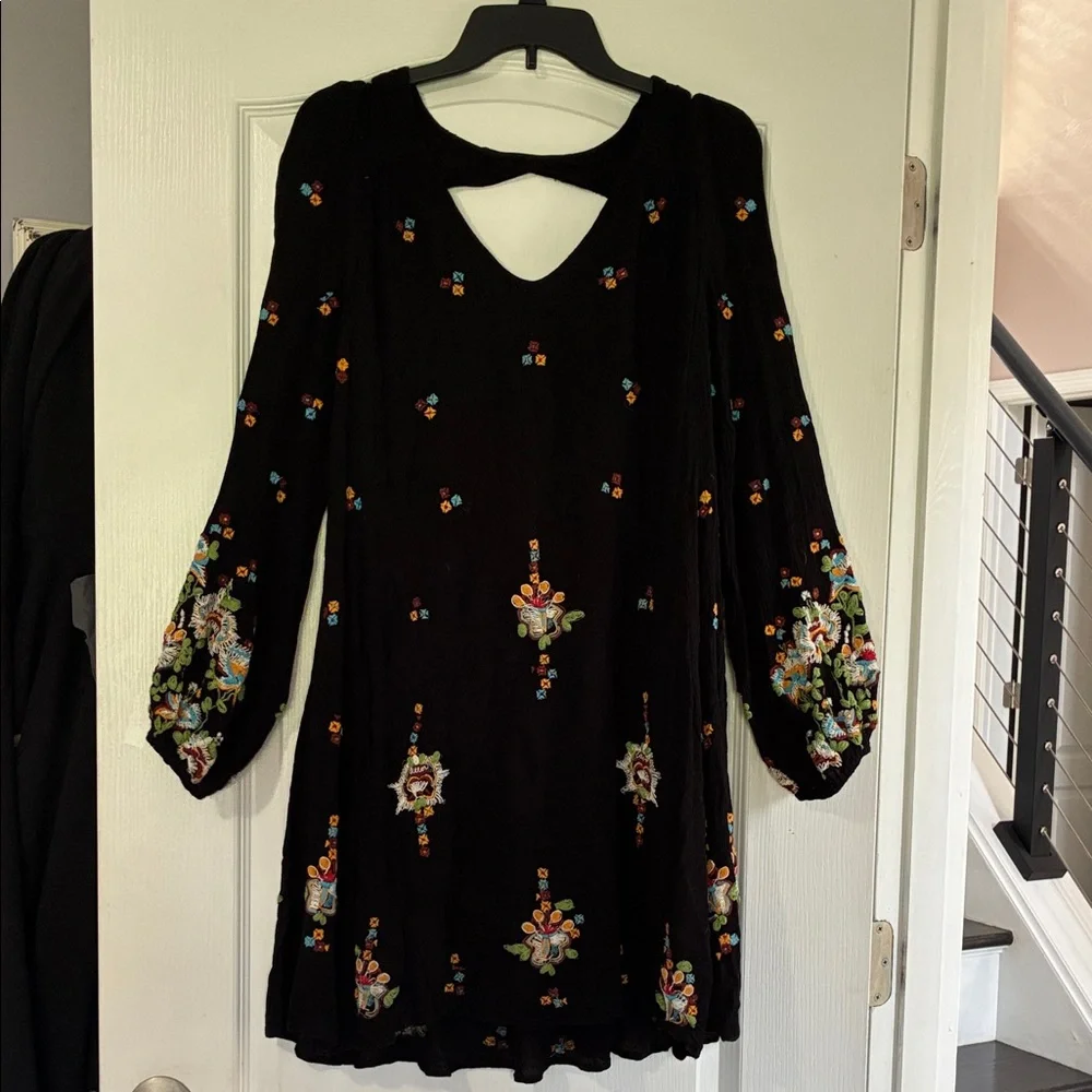 Free People Black Long Sleeve Embroidered Mini Dress